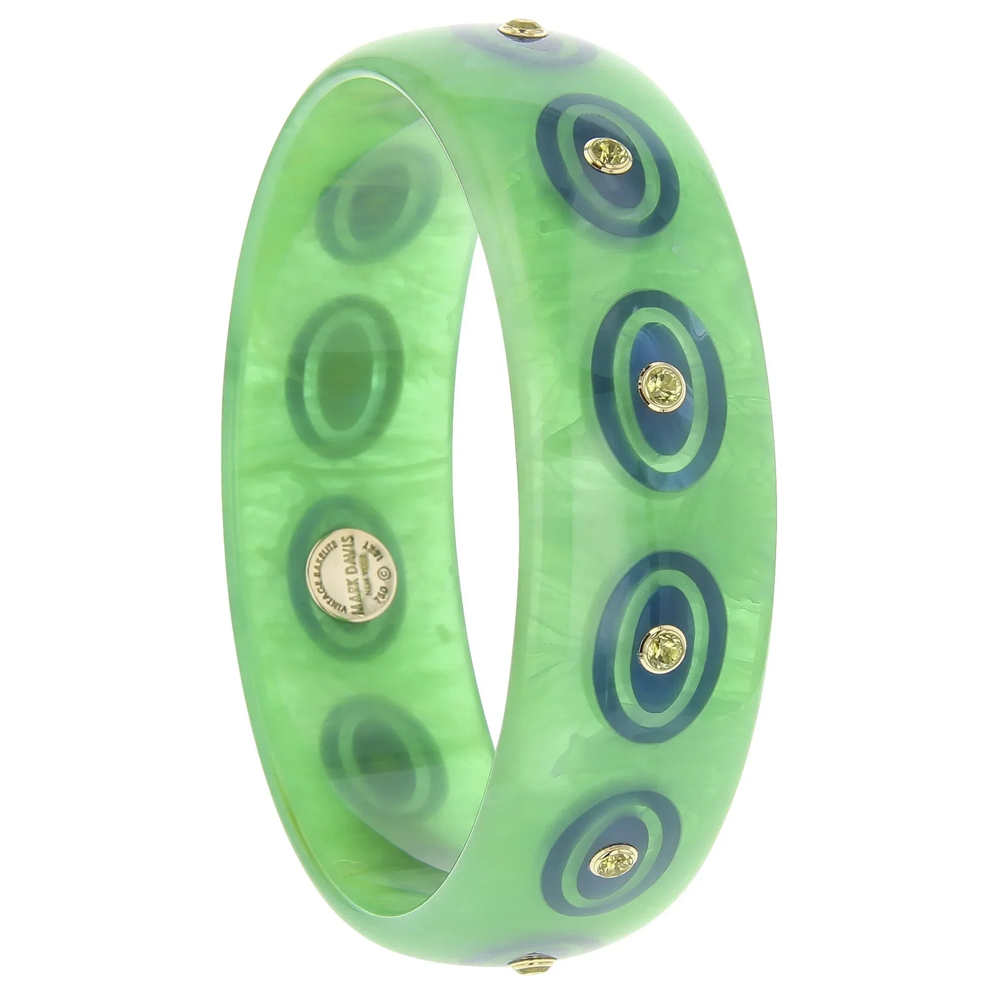 Omari Bangle | Soft green bakelite bangle with inlay and stones.