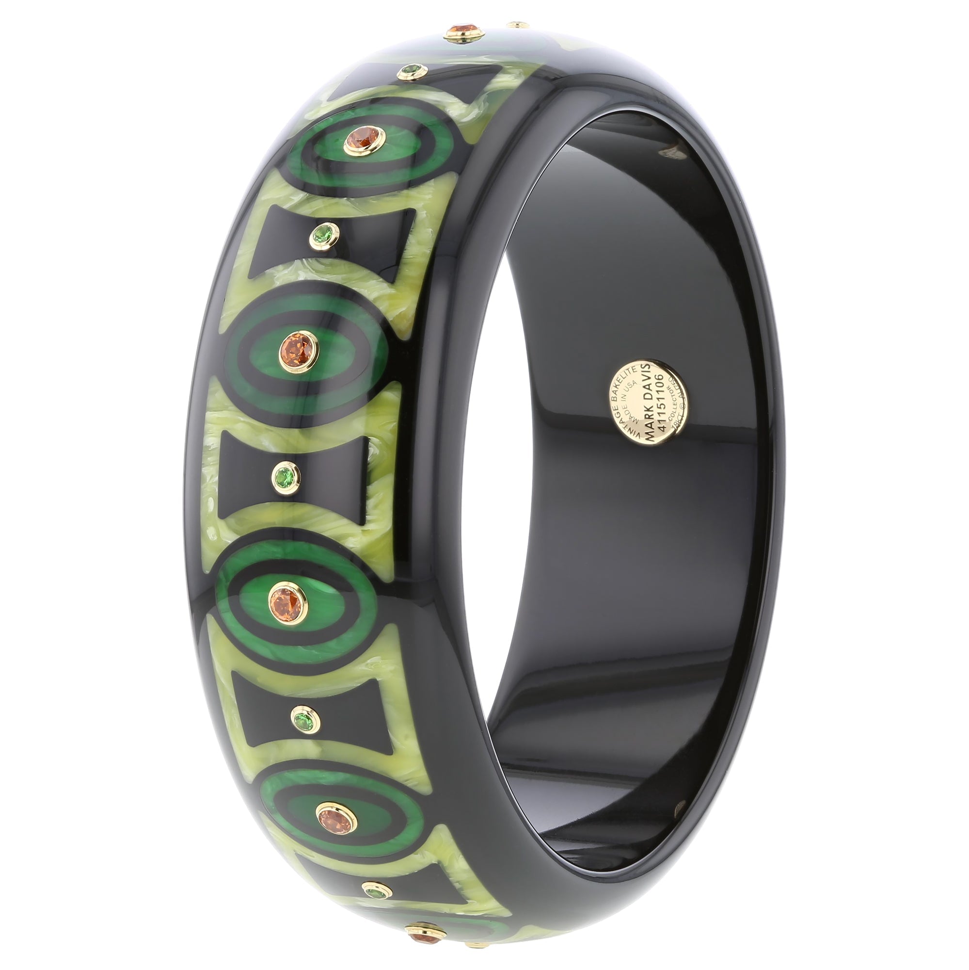 Ophelia Kara Bangle | Bakelite With Green Inlay And Stones.