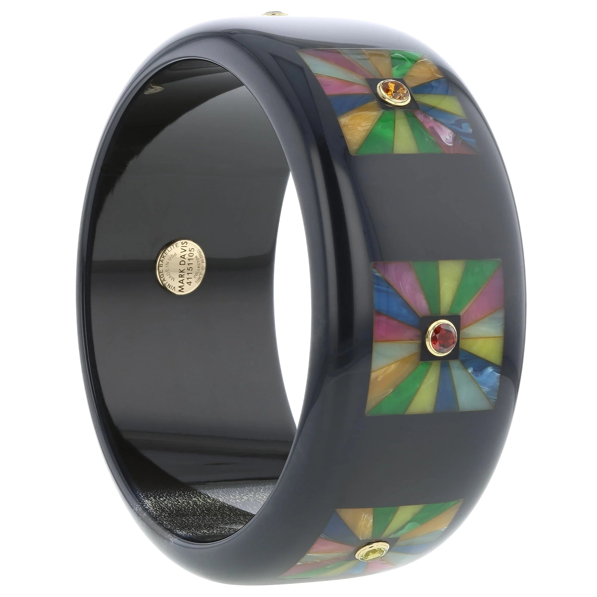 Sasha Bangle | Bakelite with mosaic squares inlay and stones.