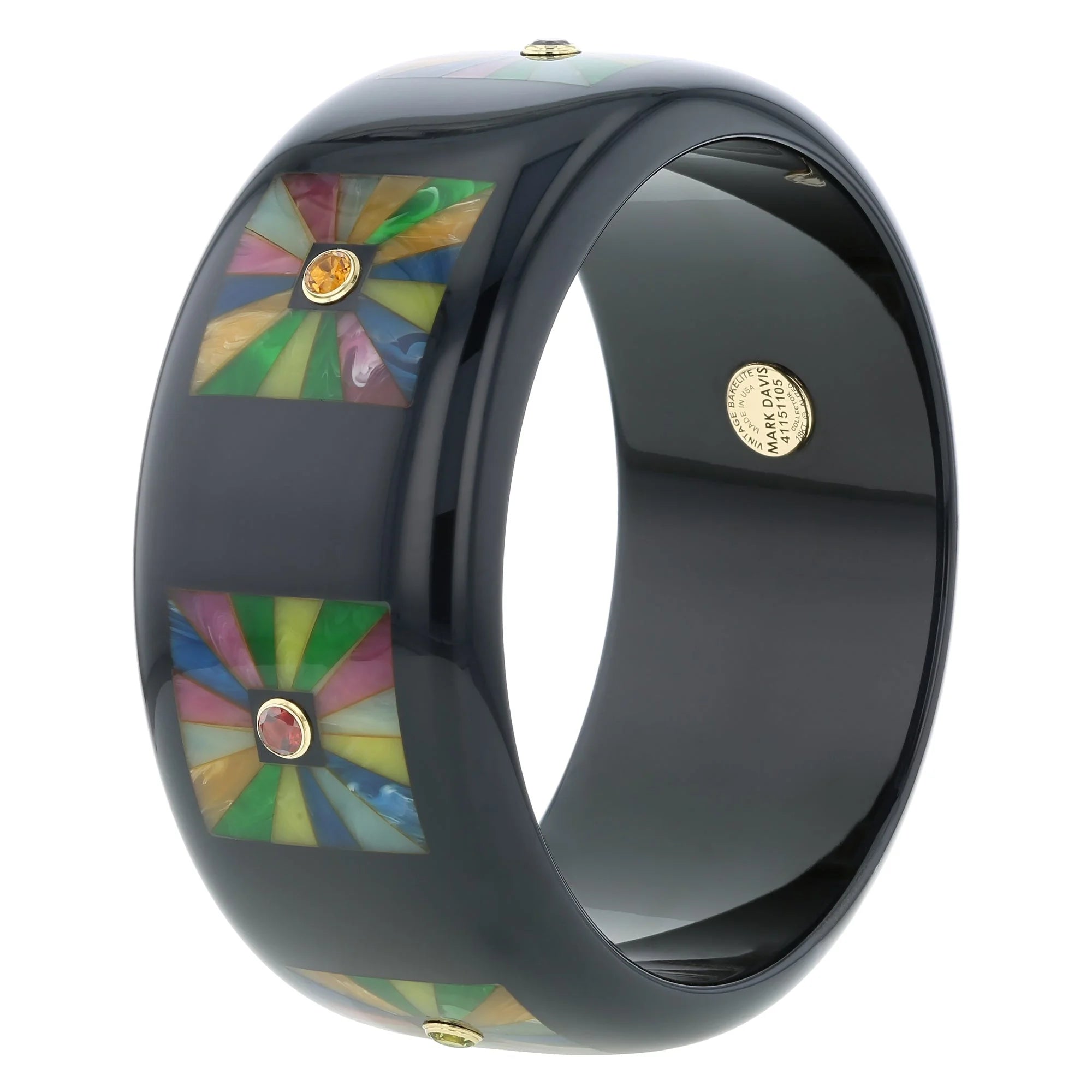 Sasha Bangle | Bakelite with mosaic squares inlay and stones.