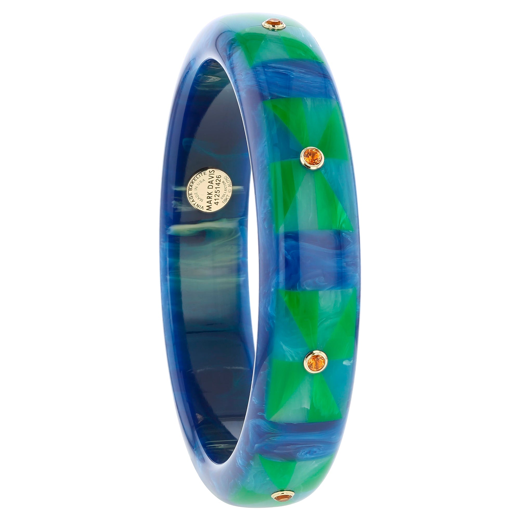 Sawyer Bangle | Marbled blue bakelite bangle with inlay and stones. 