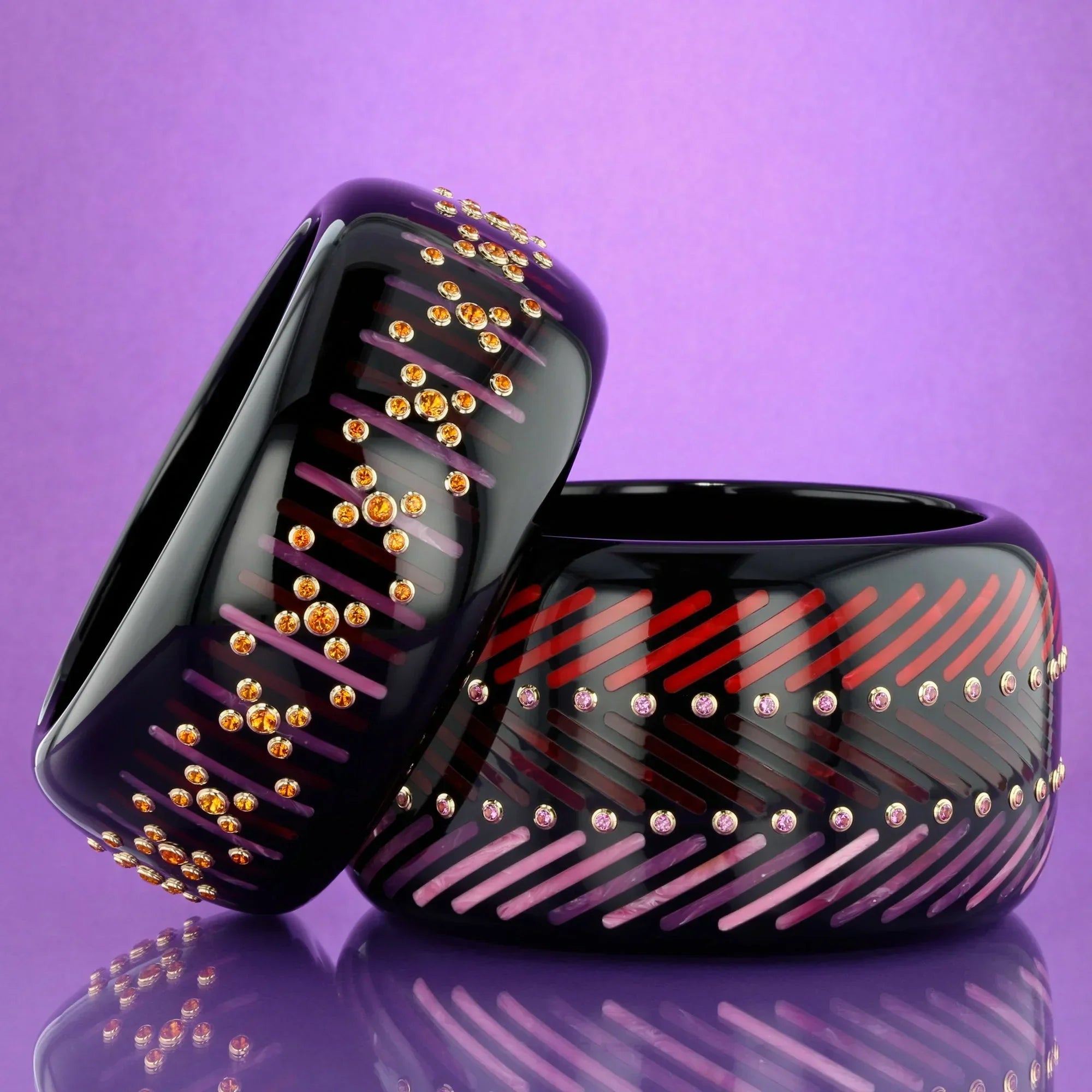 Taylor Bangle | Bakelite bangle with vertical stripes inlay and stones.