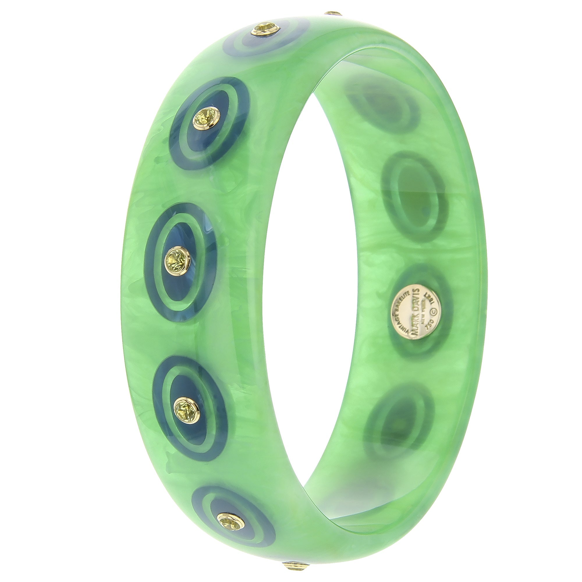 Omari Bangle | Soft green bakelite bangle with inlay and stones.